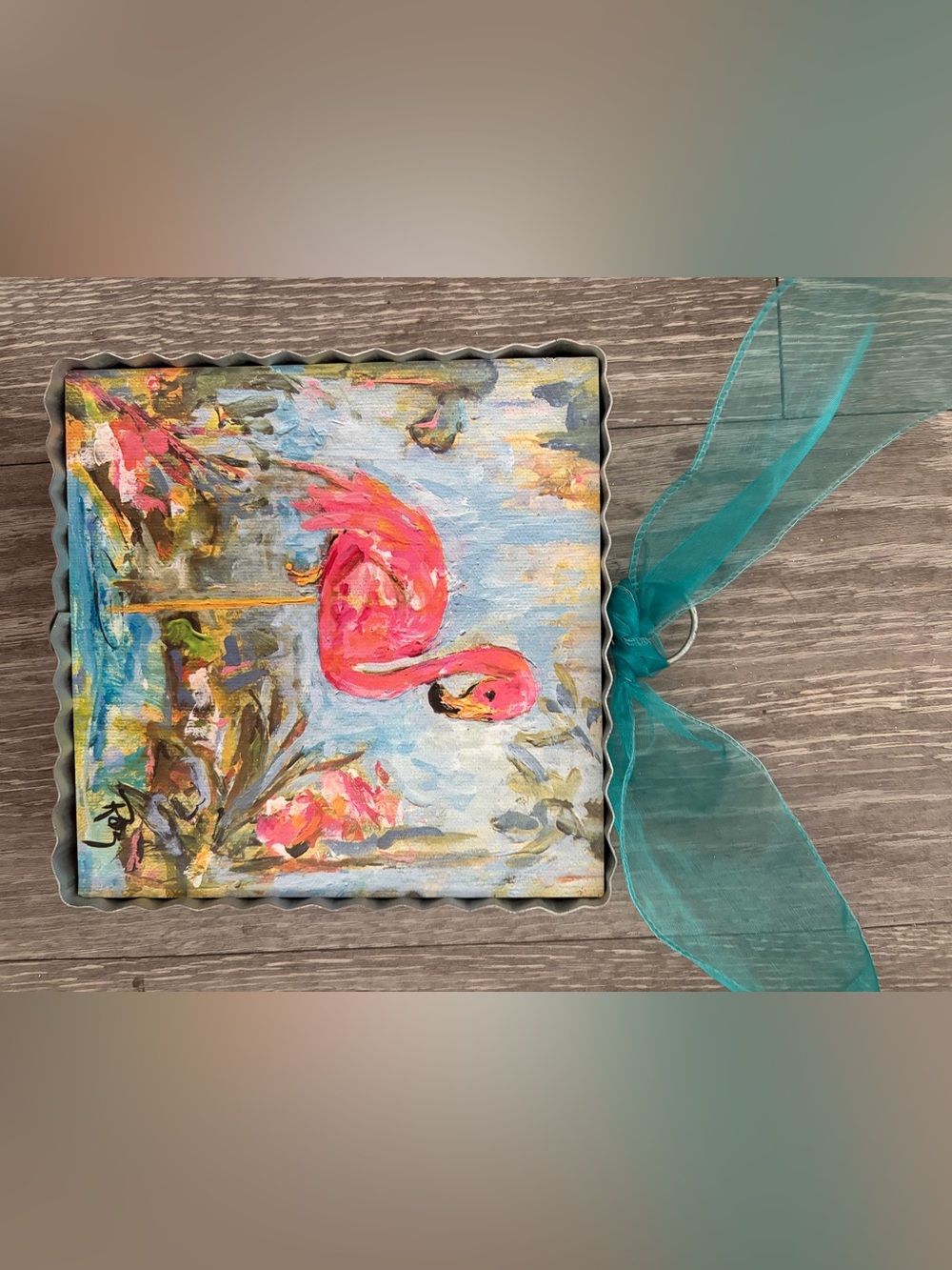 Hand-Painted Pink Flamingo Holiday Ornament with Teal Ribbon